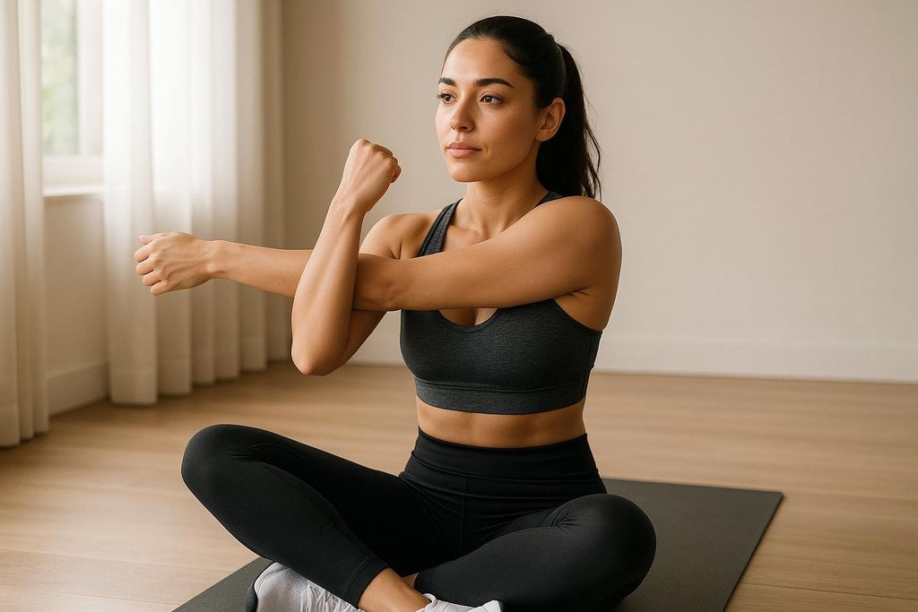 A woman with dark hair pulled back in a ponytail sits cross-legged on a yoga mat, stretching her arm across her chest. She is wearing a grey sports bra and black leggings, looking to her left with a focused expression.