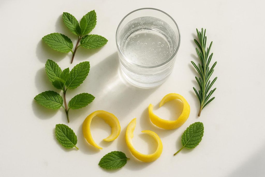 Fresh herbs and lemon peels around a glass of sparkling water for zero-calorie flavoring.