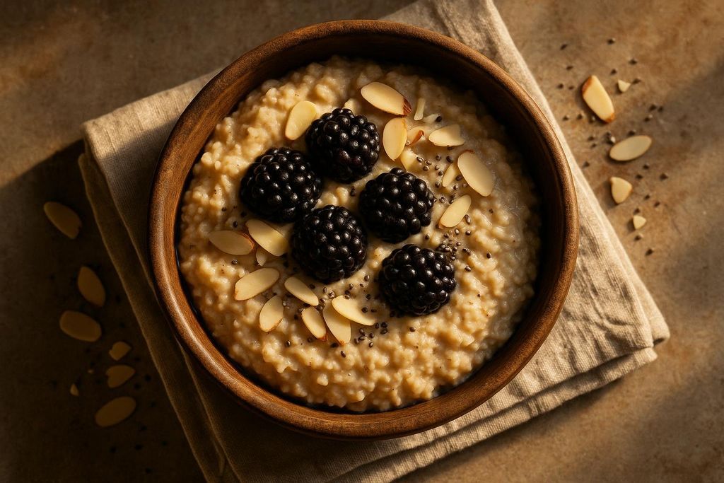 A wooden bowl filled with oatmeal, topped with five fresh blackberries, sliced almonds, and sprinkled with chia seeds, resting on a beige linen napkin on a textured brown surface. Sunlight highlights parts of the bowl and ingredients.