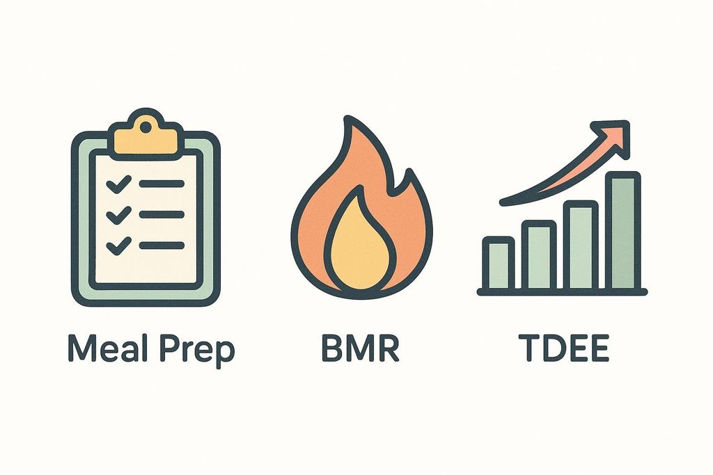Three icons representing fitness concepts: a clipboard with checkmarks for "Meal Prep", a flame for "BMR" (Basal Metabolic Rate), and a bar chart with an upward arrow for "TDEE" (Total Daily Energy Expenditure).