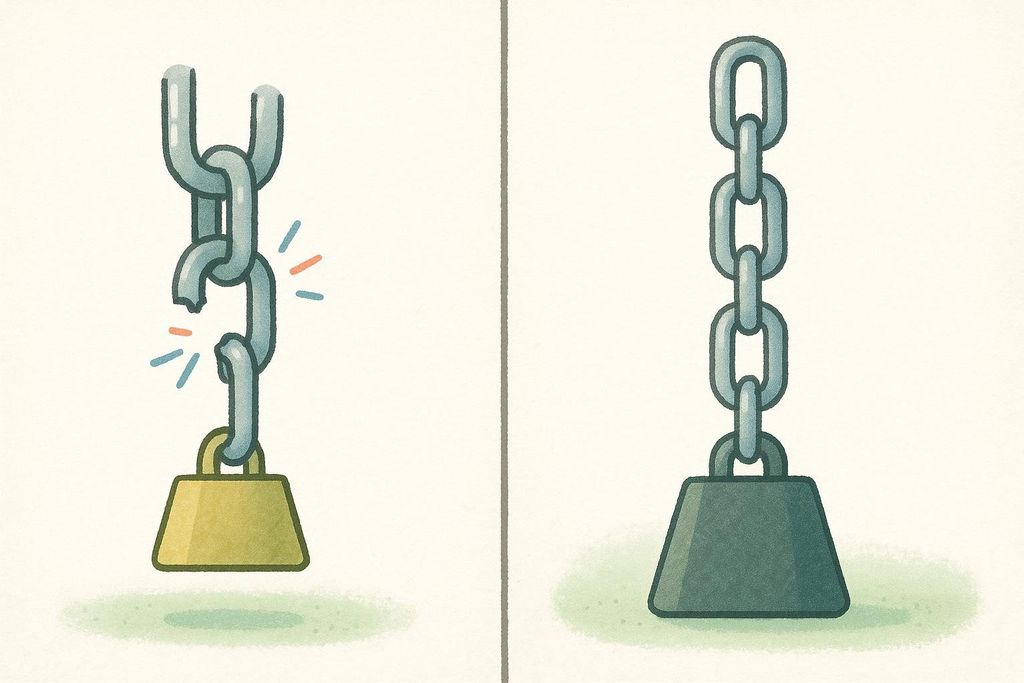 A visual metaphor comparing a short, breaking chain (representing BCAAs) with a heavy yellow weight to a longer, strong chain (representing EAAs) with a heavier dark green weight, illustrating their different effects on muscle building and strength.