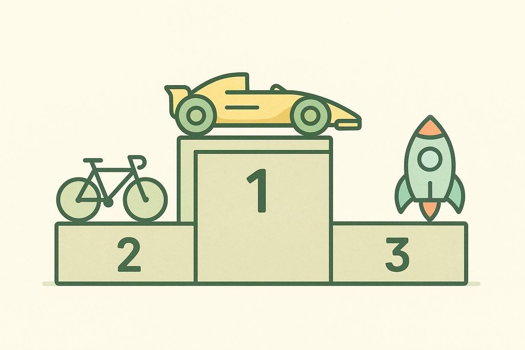 An illustration of a podium with a race car on the first place, a bicycle on the second place, and a rocket on the third place, representing a ranking of speed.