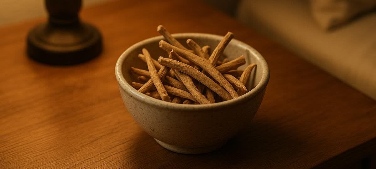 Close-up of a small, textured bowl filled with light brown, stick-like ashwagandha roots sitting on a wooden nightstand. A blurred lamp base is visible in the background to the left.