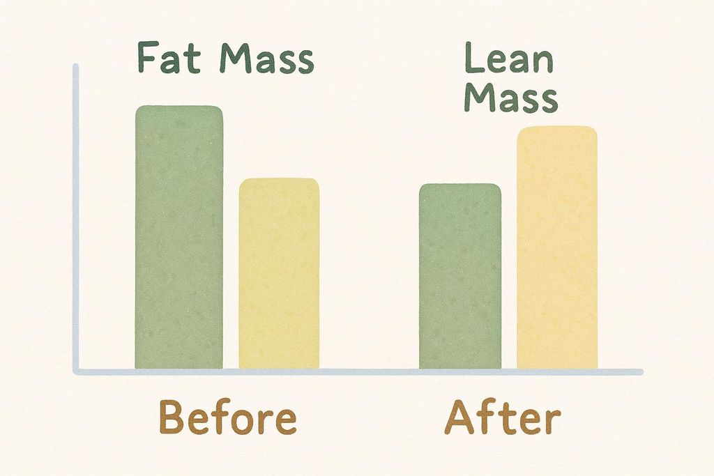 A simple bar chart showing fat mass decreasing and lean mass increasing after a program. Green bars represent fat mass, and yellow bars represent lean mass.  Two sets of bars are shown, labeled 'Before' and 'After'.