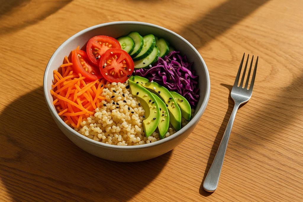 A nutritious and colorful bowl of fresh food sitting on a sunlit table.