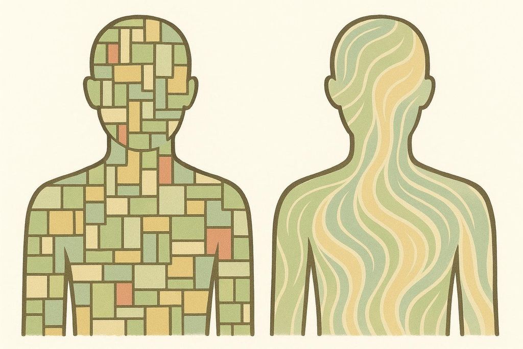 Two human silhouettes stand side-by-side, each filled with a unique pattern in shades of green, yellow, and subtle orange or blue. The left silhouette is filled with a mosaic of rectangular shards, while the right is filled with undulating, wavy lines.