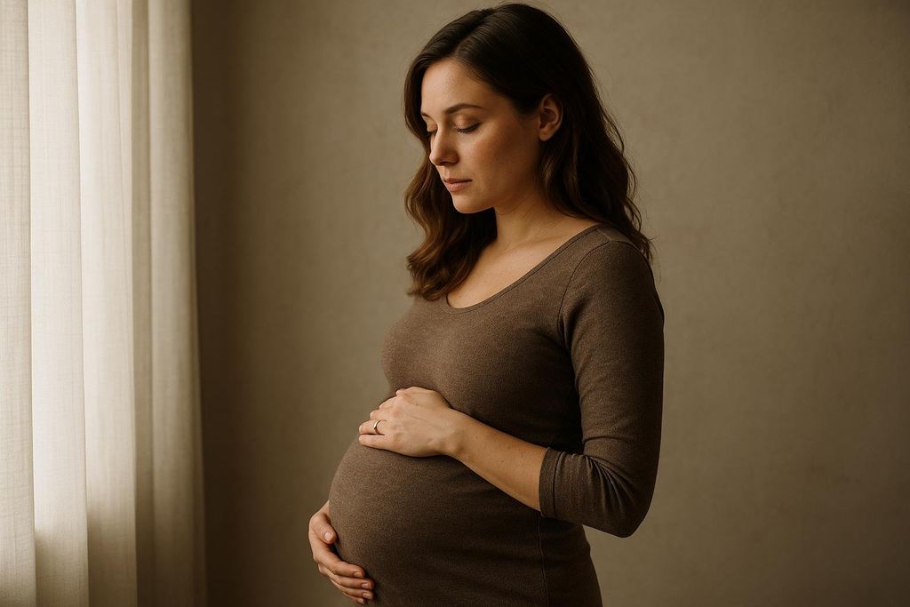 A pregnant woman in profile, wearing a brown dress, gently holds her belly with both hands while standing by a window. She looks down with a calm expression.