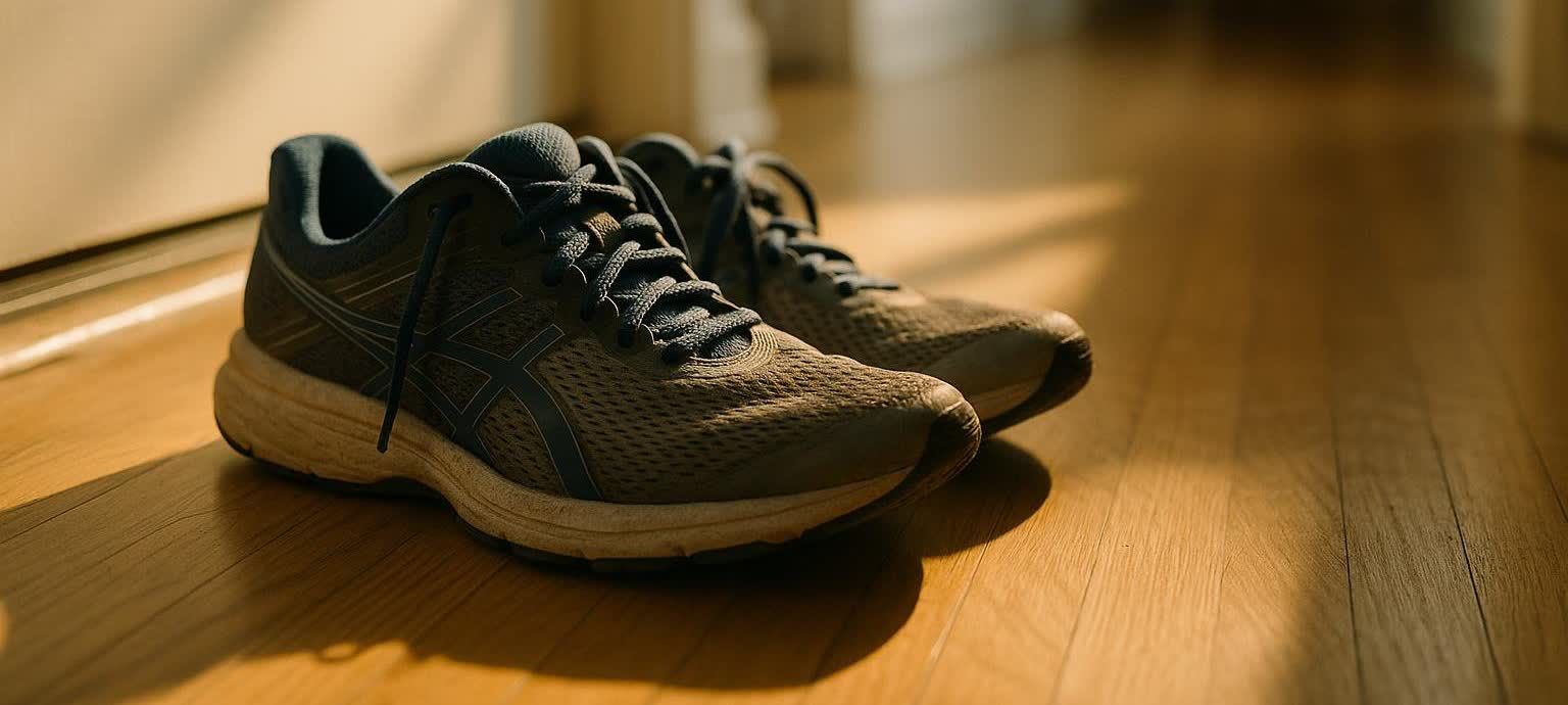 A pair of dark gray running shoes with light soles sitting on a polished wooden floor, illuminated by a warm light from the left side.