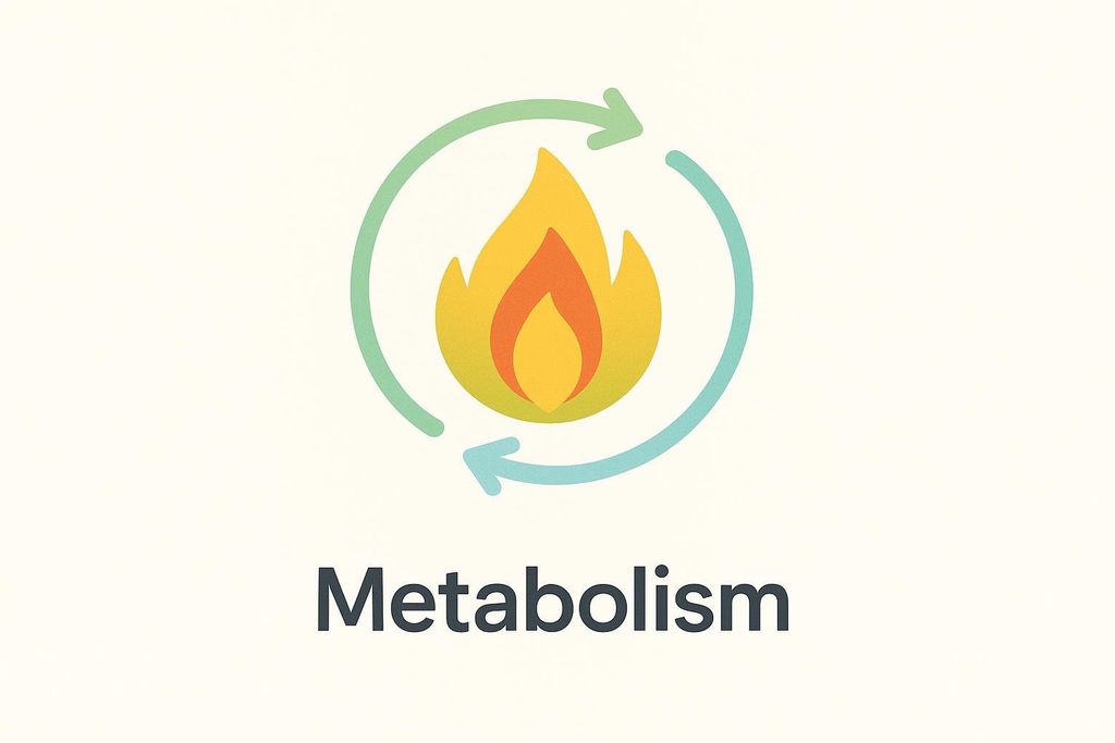 An illustration of a stylized flame, representing metabolism, with two circular arrows surrounding it, one green and one blue, indicating a continuous cycle. The word 'Metabolism' is written below the illustration.