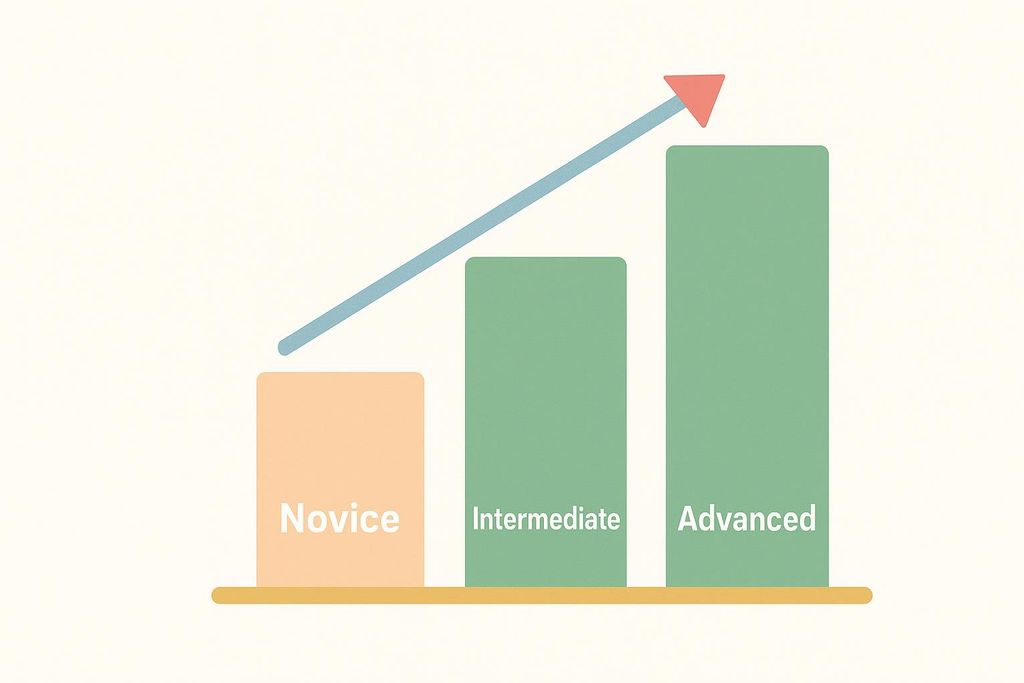 A bar chart illustrating increasing training volumes for novice, intermediate, and advanced levels. The 'Novice' bar is the shortest and light orange, 'Intermediate' is taller and green, and 'Advanced' is the tallest and green. An upward-sloping blue arrow with a red tip indicates progression from novice to advanced.