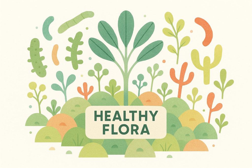 An abstract illustration depicting a vibrant garden with various green, orange, and yellow plant-like shapes and hills, some resembling bacteria or microbes. A central banner reads 'HEALTHY FLORA'.