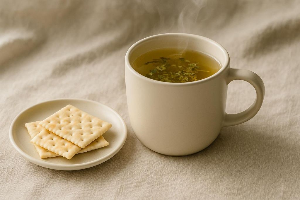 A cream-colored mug of steaming herbal tea with green leaves floating in it, next to a small plate with three square, plain crackers. The items are on a light beige textured fabric surface.