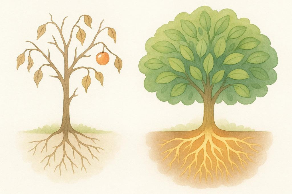 An illustration showing two trees. The tree on the left has sparse, dry leaves, one orange fruit, and shallow roots. The tree on the right is vibrant with lush green leaves and deep, extensive roots, symbolizing the importance of addressing root causes for growth and health.
