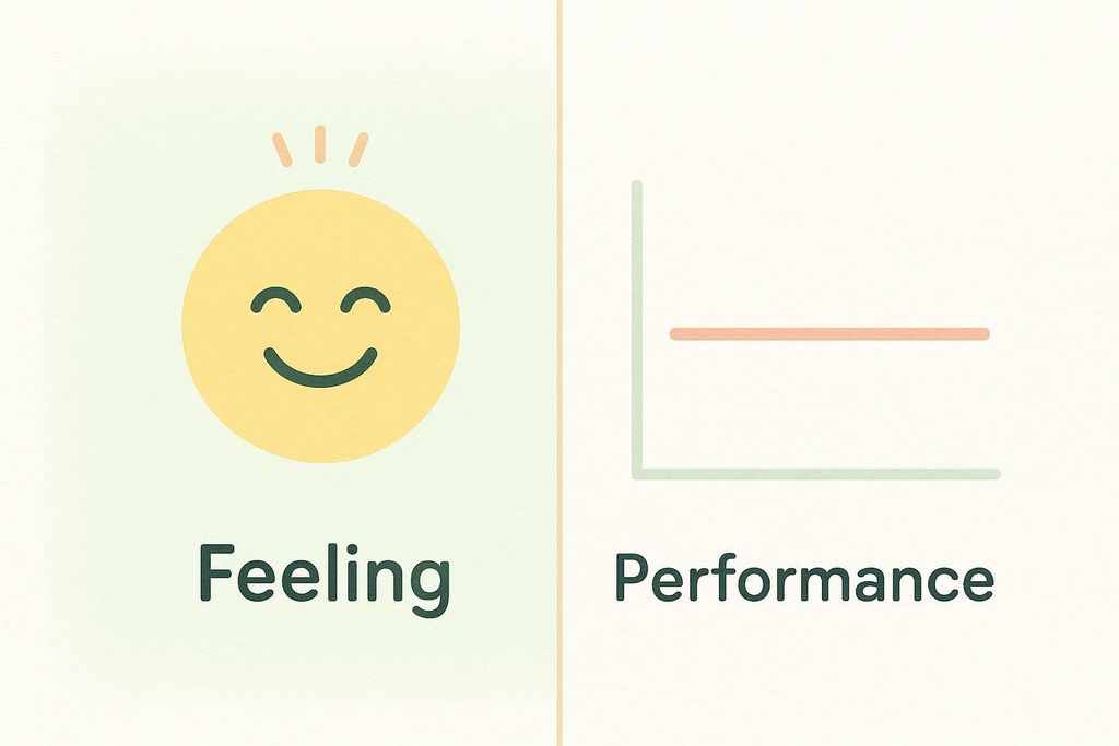An illustration split into two sections. On the left, a smiling emoji face with rays radiating above it and the word "Feeling" below. On the right, a simplified line graph with a horizontal line and the word "Performance" below. This image conveys the idea that feeling good (implied by the emoji) does not necessarily correlate with performance (implied by the flat line on the graph).