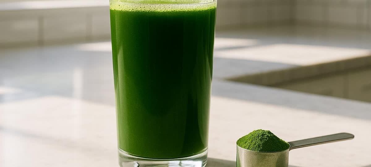 A tall glass of vibrant green powder drink sits on a light-colored kitchen counter bathed in sunlight, next to a stainless steel scoop overflowing with green powder.