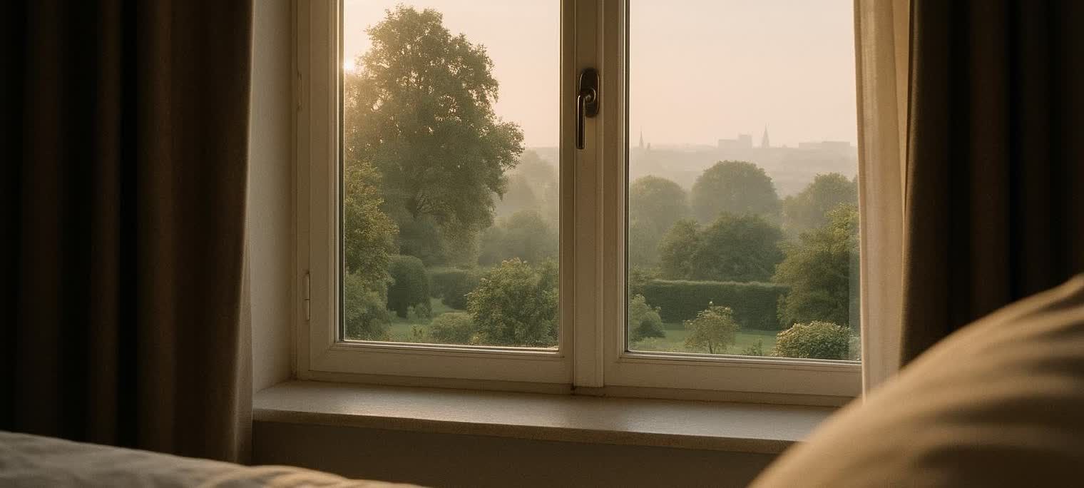 A serene view from a bedroom window looking out into a lush green park during a misty or hazy morning. Sunlight filters through the trees, illuminating the tranquil landscape with a hint of a distant city skyline.