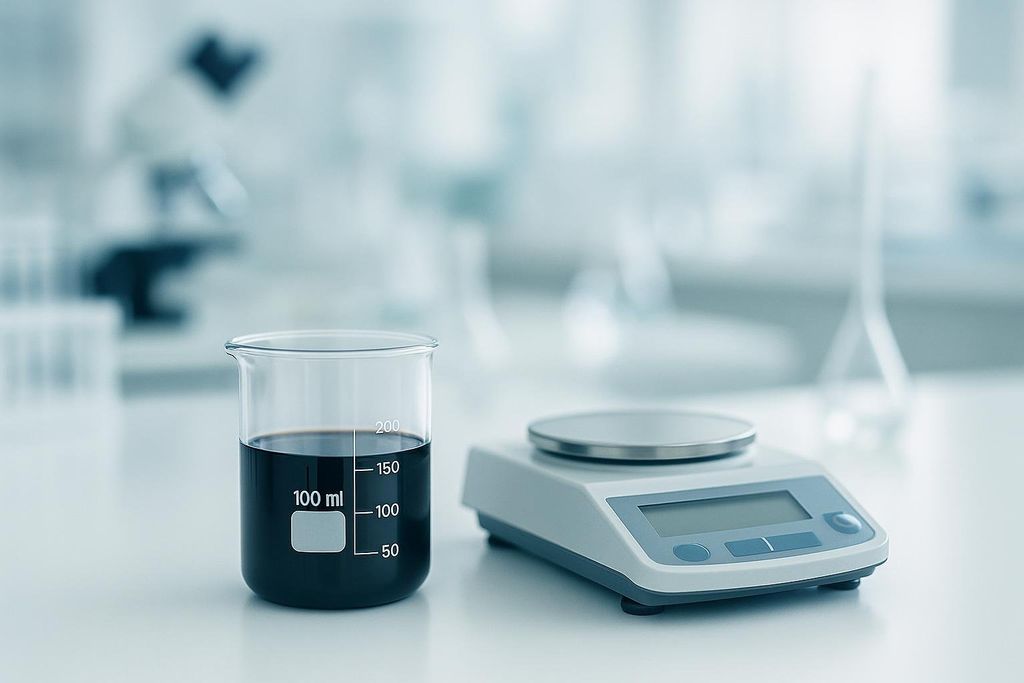 A glass beaker containing a dark liquid sits next to an analytical digital scale on a clean, light-colored laboratory bench. The beaker is marked with volume measurements in milliliters.