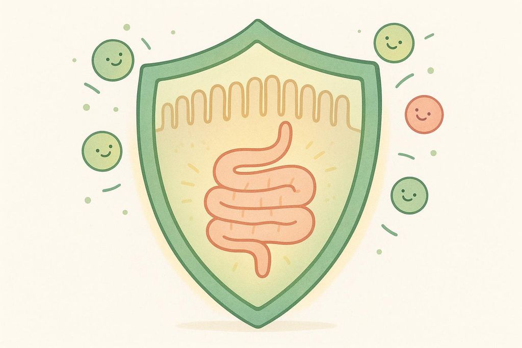 An illustration of a green shield protecting a coiled intestine and gut lining from smiling microbe particles. The shield glows with a warm yellow light, while some friendly green microbes bounce off it, and one slightly less friendly orange microbe is also kept at bay.