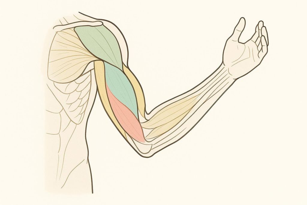 A simplified diagram of the human arm, showing the bicep muscle in green and the tricep muscle in red, with other arm muscles in a light yellow color.
