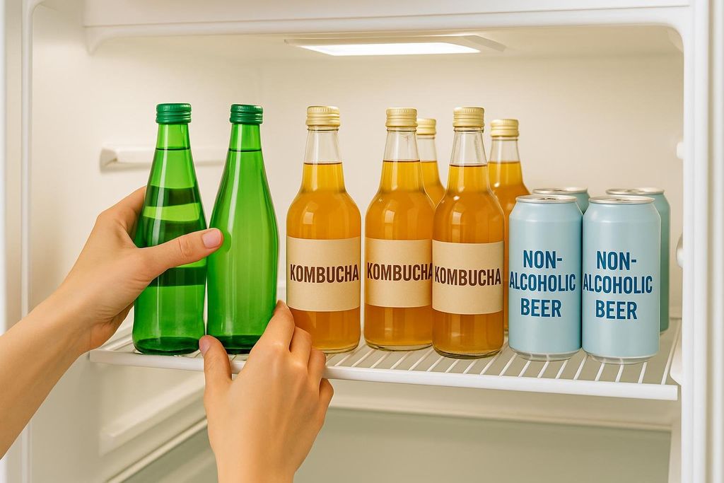 A person stocking a fridge with healthy, non-alcoholic drink alternatives including green bottles of water or sparkling water, bottles of kombucha, and cans of non-alcoholic beer for a 30-day challenge.