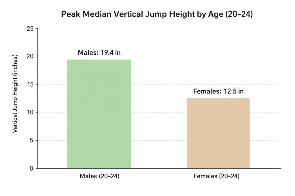Bar chart illustrating peak median vertical jump height for males and females aged 20-24. Males have a median jump of 19.4 inches, and females have a median jump of 12.5 inches.