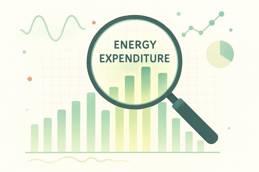 A magnifying glass is depicted over a bar chart, with the words "ENERGY EXPENDITURE" visible inside the magnifying glass. Other charts, including a line graph and a pie chart, are visible in the background, all on a lightly textured, grid-patterned white background.