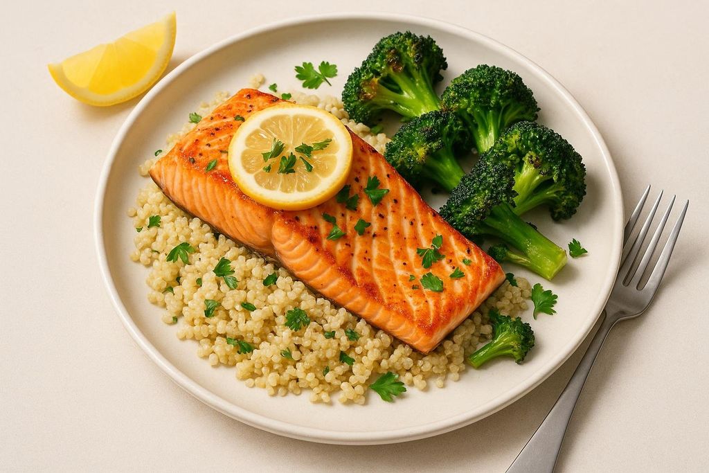 A healthy and delicious Mediterranean plate features a grilled salmon fillet topped with a lemon slice and parsley, served on a bed of quinoa, with roasted broccoli florets on the side. A lemon wedge is also on the plate, and a fork is visible to the right.