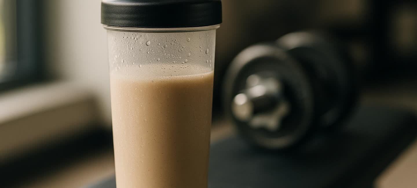 A fresh whey protein shake in a clear shaker bottle with a black lid, resting on a dark gym bench. A blurred dumbbell is visible in the background.