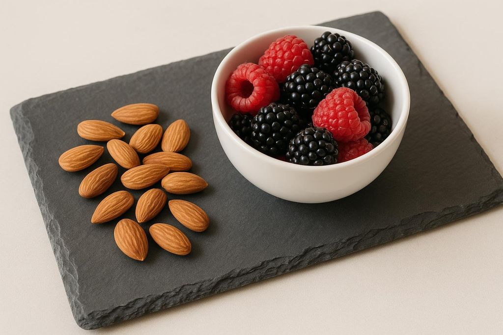A white bowl filled with fresh red raspberries and black blackberries sits on a dark gray slate board next to a scattered pile of raw almonds. The background is a light, neutral color.