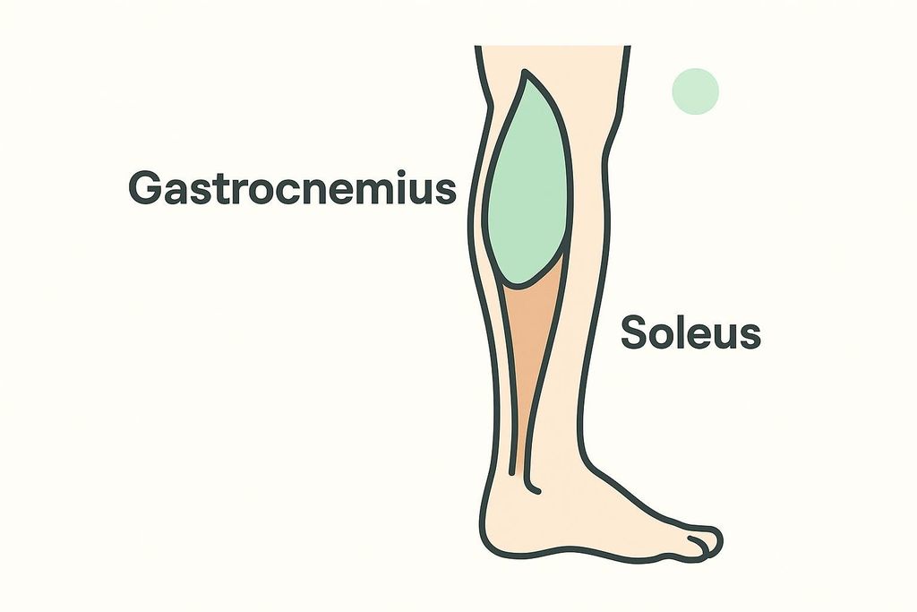 An anatomical diagram illustrating the calf muscles, with the larger, superficial gastrocnemius muscle highlighted in light green, and the deeper soleus muscle shown beneath it in light orange. Both muscles are clearly labeled.