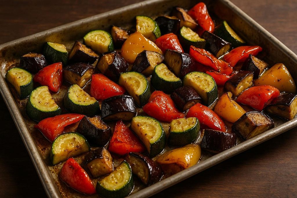 A close-up shot of a sheet pan filled with colorful roasted Mediterranean vegetables, including chopped zucchini, eggplant, red bell peppers, and yellow bell peppers, glistening with oil.