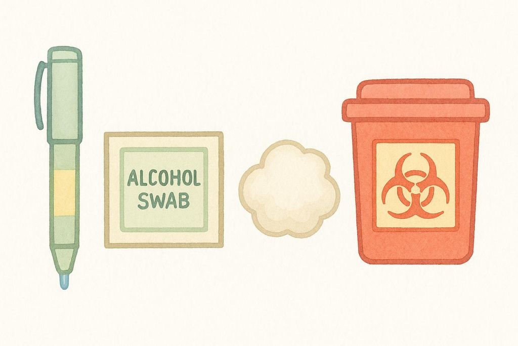 An illustration of essential diabetes injection supplies: a green injection pen, a packaged alcohol swab, a cotton ball, and a red biohazard sharps disposal container.