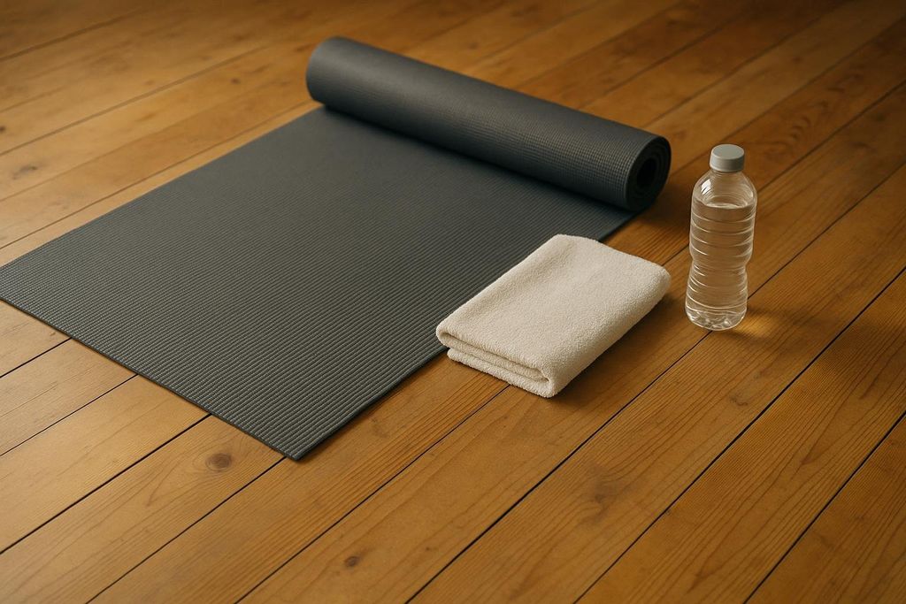 A grey yoga mat, partially rolled up, a folded white towel, and a clear plastic water bottle on a light brown wooden floor, ready for a workout or exercise session.