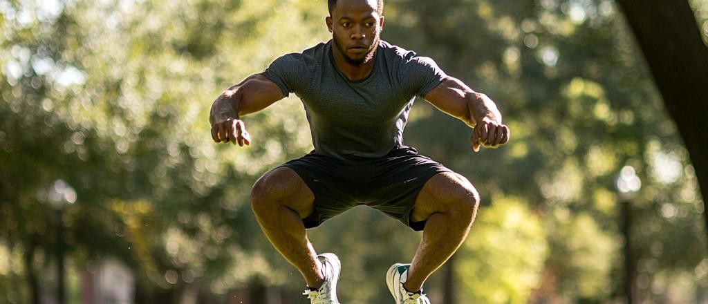 A muscular man jumps in the air while exercising outdoors in a park.