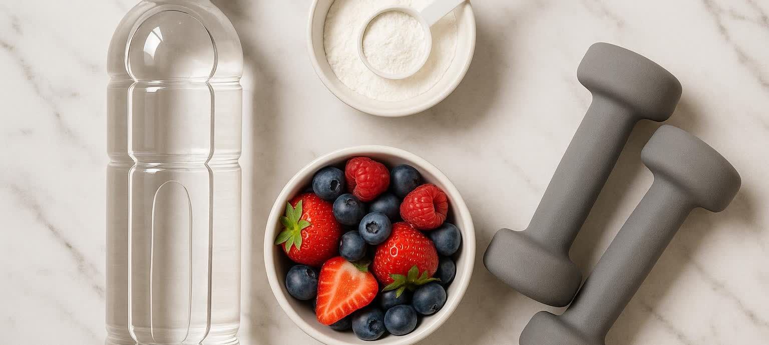 A flat lay arrangement on a white marbled surface featuring a clear water bottle, a bowl with a scoop of white creatine powder, a white bowl filled with fresh strawberries, blueberries, and raspberries, and two gray dumbbells.
