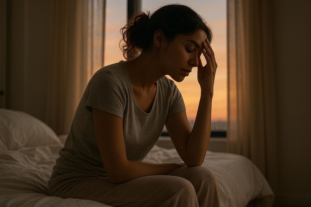 A woman sits on her bed in the early morning light, rubbing her forehead and appearing fatigued or stressed.