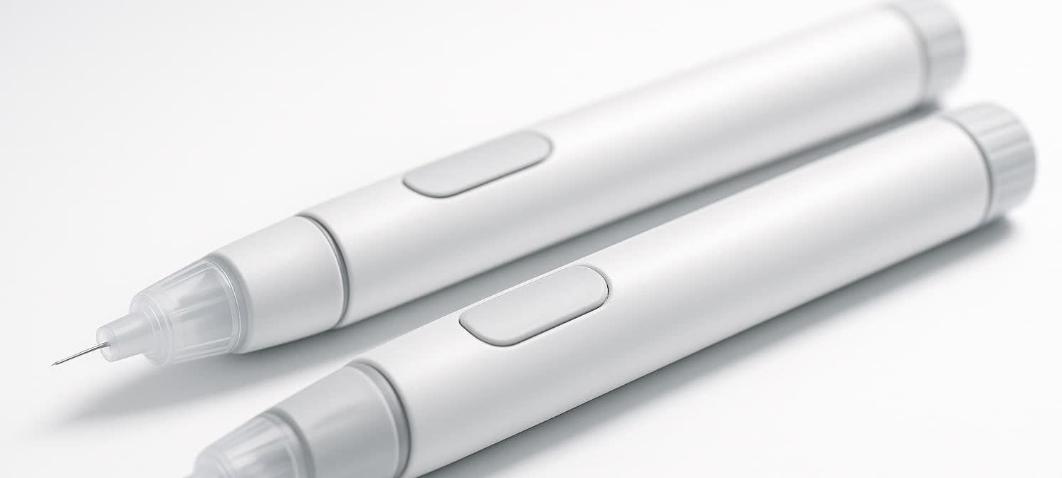 Two identical white medical injector pens with gray buttons lying side by side on a clean white surface. The tip of one pen shows a needle.