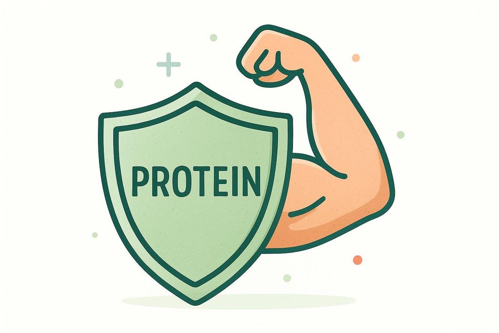 A stylized green shield labeled 'PROTEIN' stands in front of and appears to protect a flexing arm muscle icon, with small plus signs and dots in the background, symbolizing the protective role of protein for muscle.