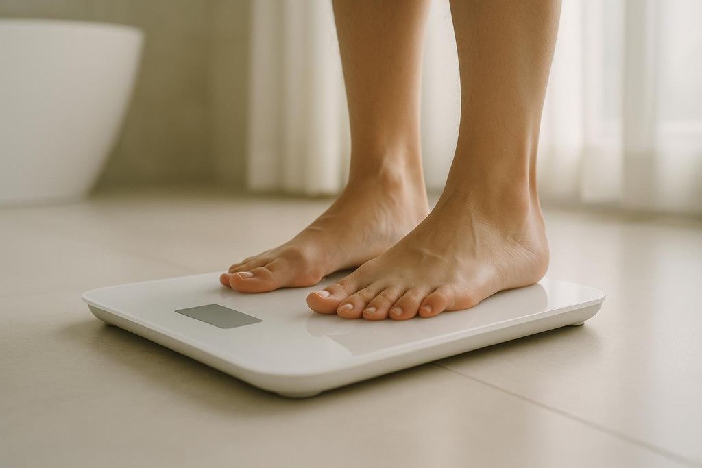 A person's bare feet standing on a white digital bathroom scale. The scale is on a light-colored tiled floor, with a blurred background showing a white bathtub and window.