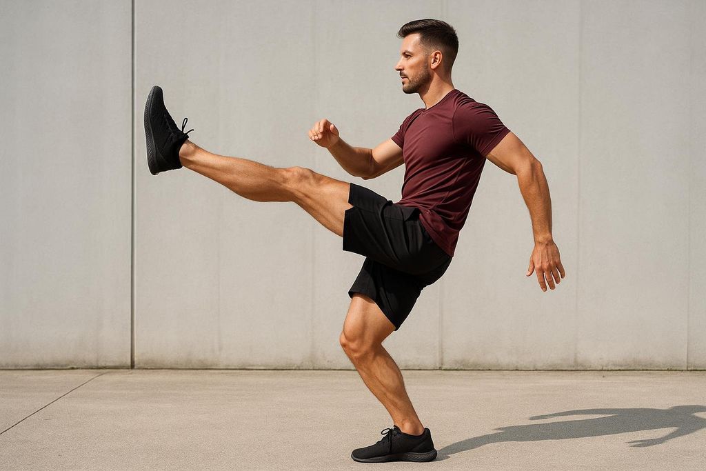 A man in athletic wear performing dynamic leg swings as a warm-up exercise against a plain concrete background.