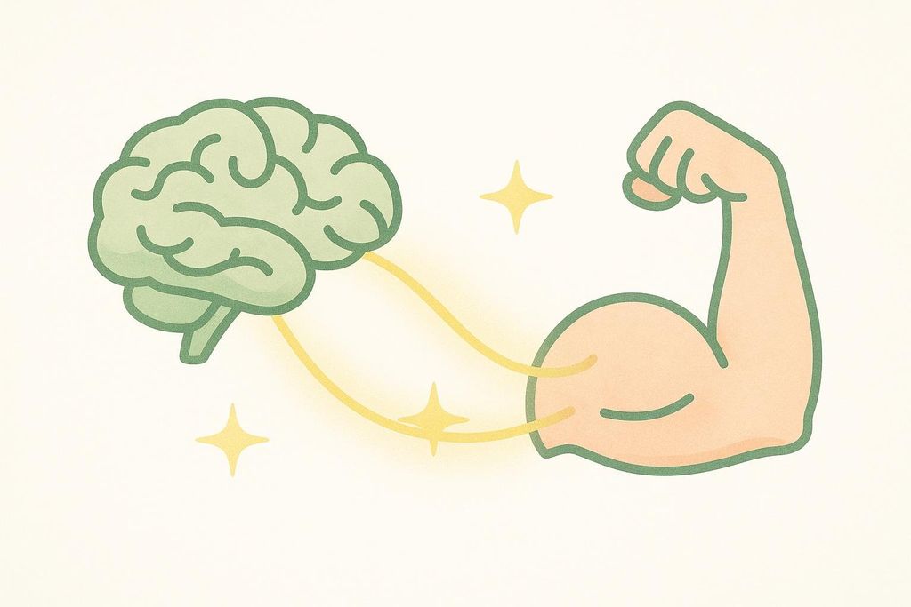 An illustration of a light green cartoon brain on the left connected by bright yellow lines to a light orange cartoon flexed bicep muscle on the right. There are three four-pointed stars, two near the connections between the brain and muscle, and one above the connection between the brain and muscle.