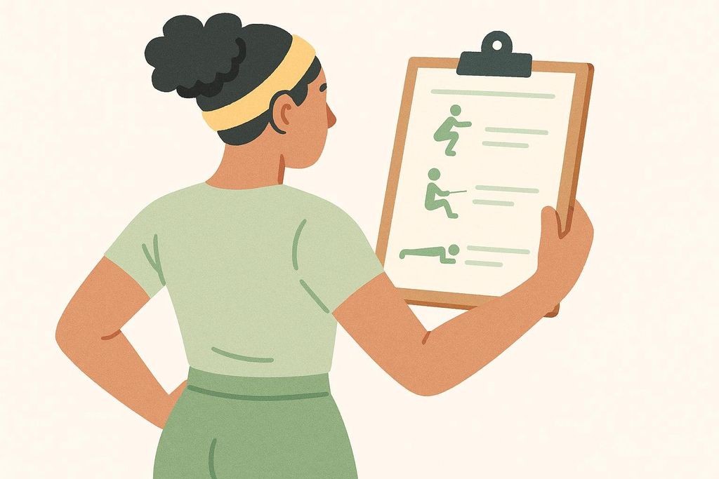 An illustration from behind a person with dark hair in a bun and a yellow headband, wearing a light green t-shirt and darker green pants, holding a clipboard with a workout plan shown. The plan includes iconography for a squat, a row, and a plank, along with lines for text.