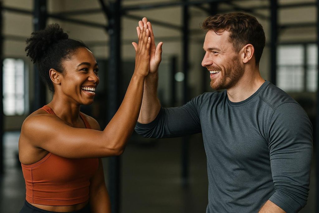 A man and a woman, both smiling and appearing to be in a gym setting, are high-fiving each other, celebrating a workout or achievement.