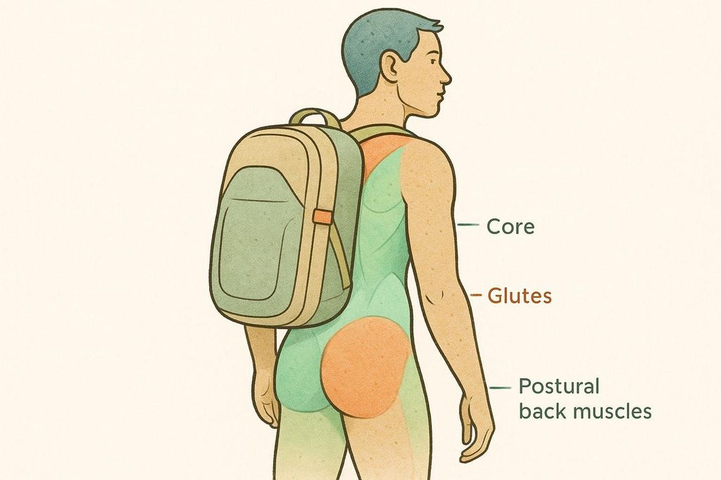 Illustration showing core, glute, and postural back muscles highlighted on a person wearing a backpack. These are the muscles used during rucking.