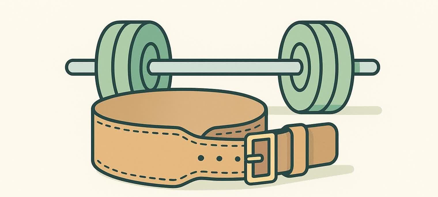 An abstract illustration depicting a light green dumbbell with a light blue bar, positioned above and behind a thick, light brown weight lifting belt with a gold buckle and several holes.
