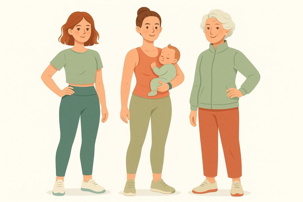 Vector illustration of three women representing different life stages: a young woman in workout clothes, a mother holding a baby in workout clothes, and an elderly woman in a tracksuit.