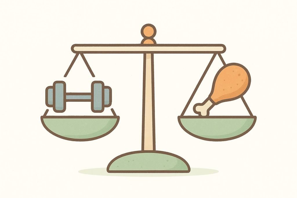 An illustration of a balanced scale with a dumbbell on one side and a piece of chicken on the other, representing the balance of exercise and protein to protect muscle.