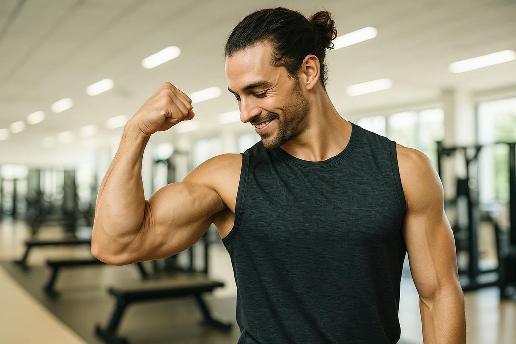 A man with a man bun and beard, wearing a dark grey tank top, smiles as he flexes his bicep and looks down at his arm in a gym.