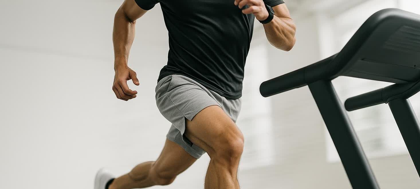 A low-angle, energetic shot of a person running on a treadmill, focusing on their legs and arms in motion, conveying fitness and exercise indoors.