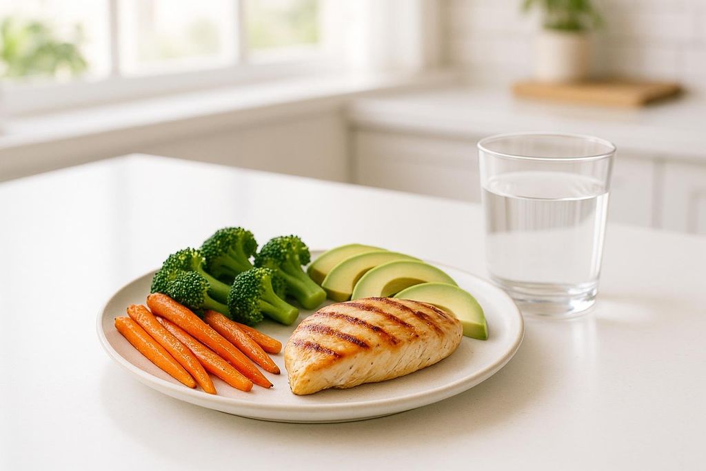 A plate of healthy food including grilled chicken breast, sliced avocado, steamed broccoli, and baby carrots, next to a glass of water on a kitchen counter.